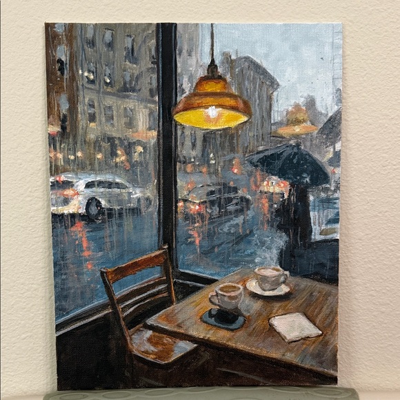 Hand-Painted Cafe Rain Scene Canvas Art - Blue, Brown, Yellow - Picture 2 of 2